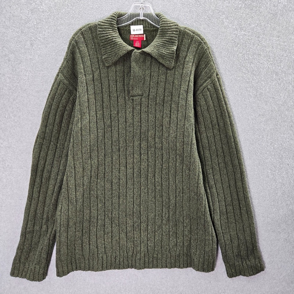 VINTAGE Guess‎ Men Sweater Large Green Knit 100% Lambswool Polo Collar Pullover